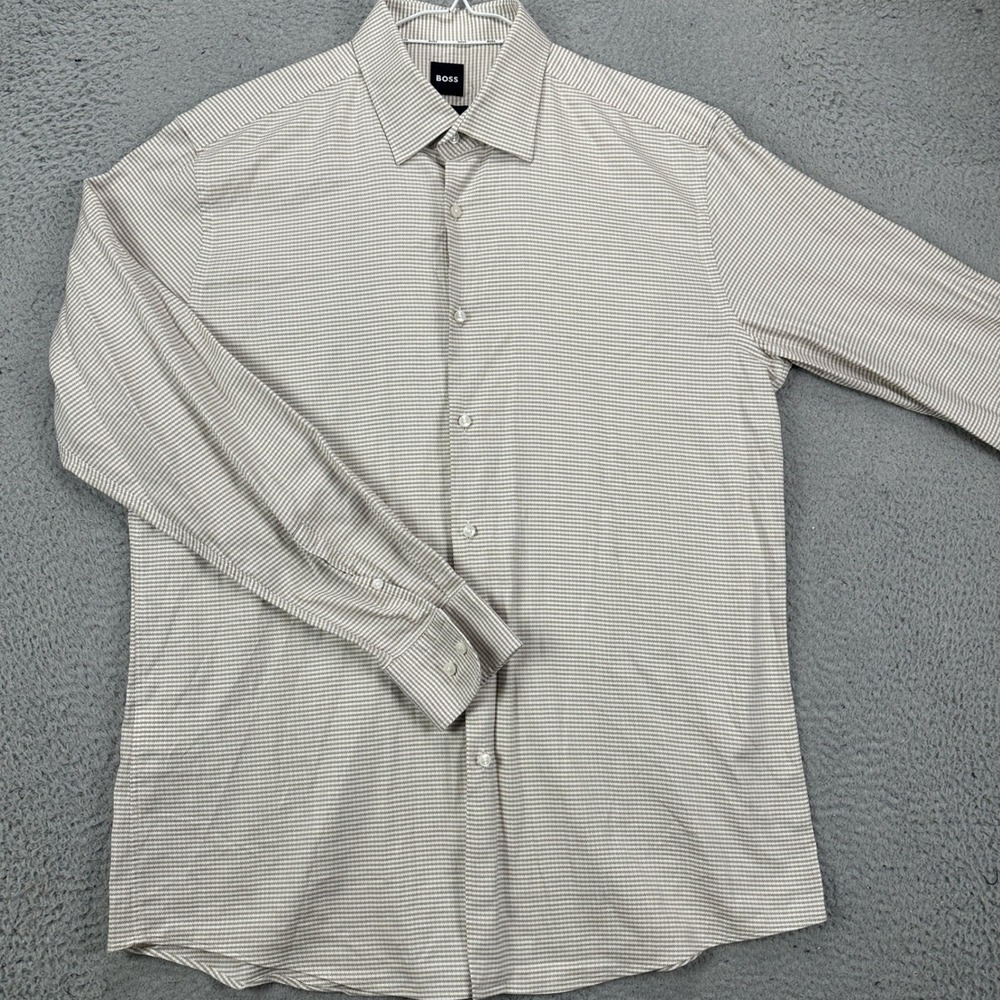 Hugo Boss Mens Tan White Micro Stripe Long Sleeve Button Down Shirt Size M